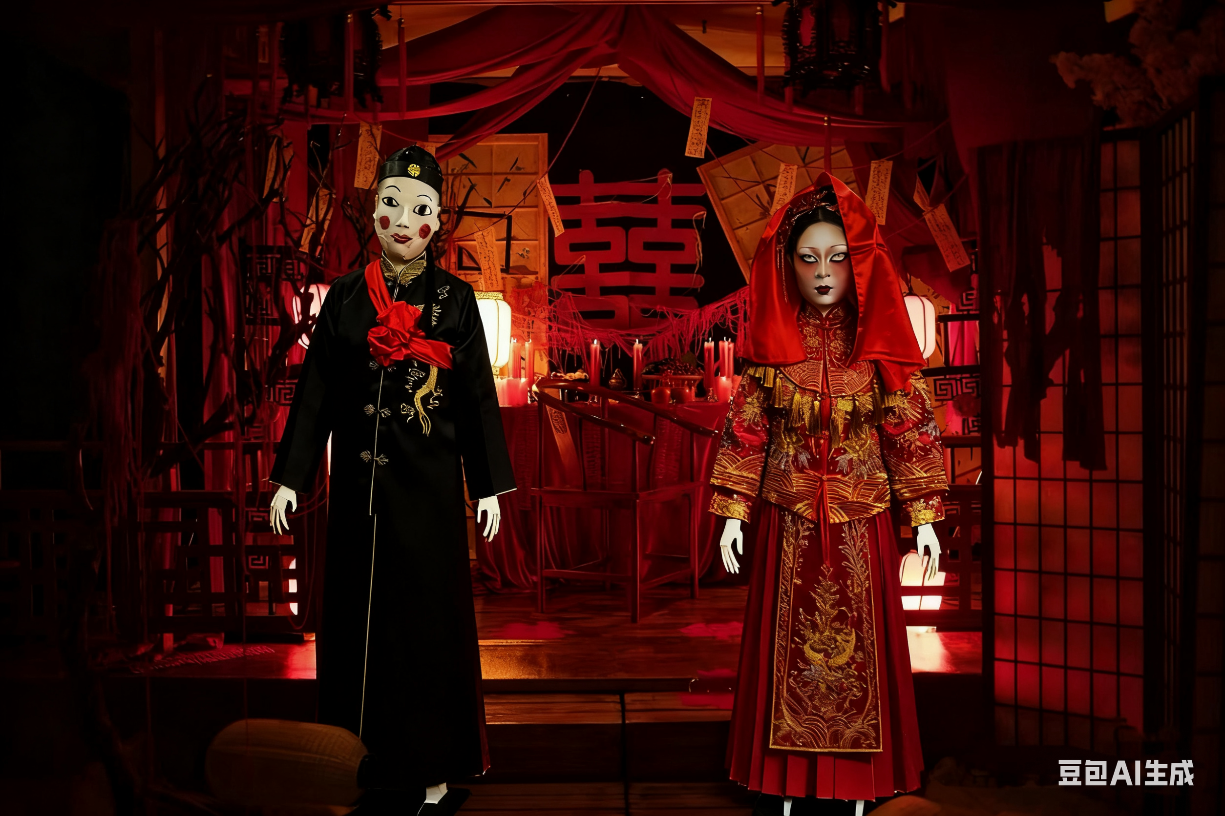Two dolls in traditional attire standing in a dimly lit room with red accents.