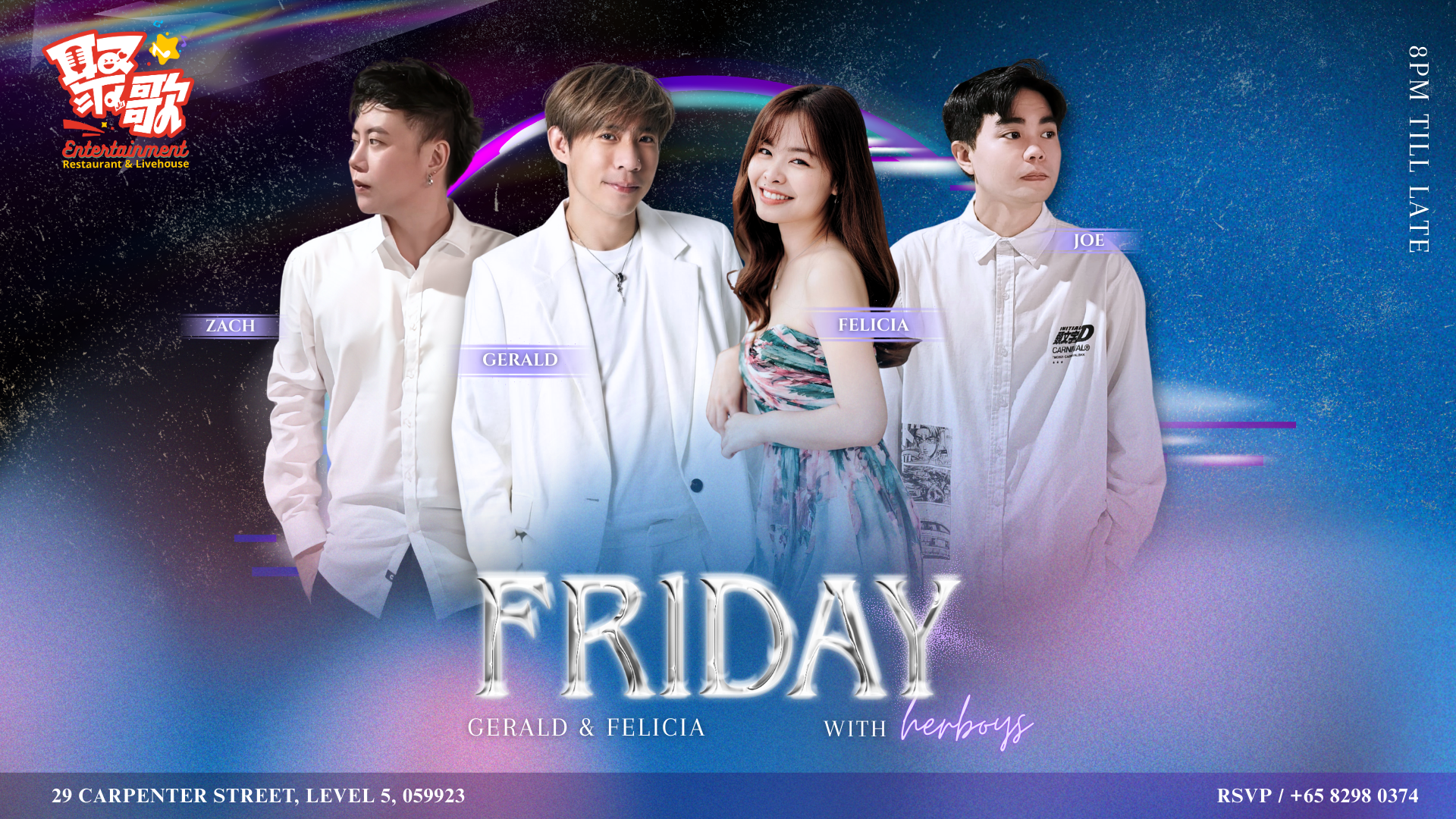 Promotional poster for a Friday live band event featuring four individuals in a bar at Clarke Quay.