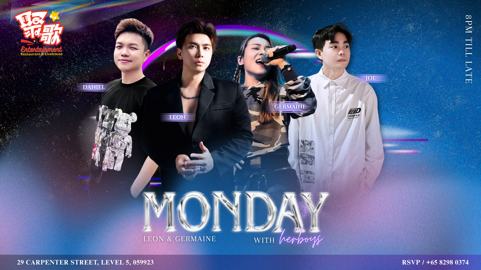Promotional poster for a live band event featuring four individuals in Clarke Quay.