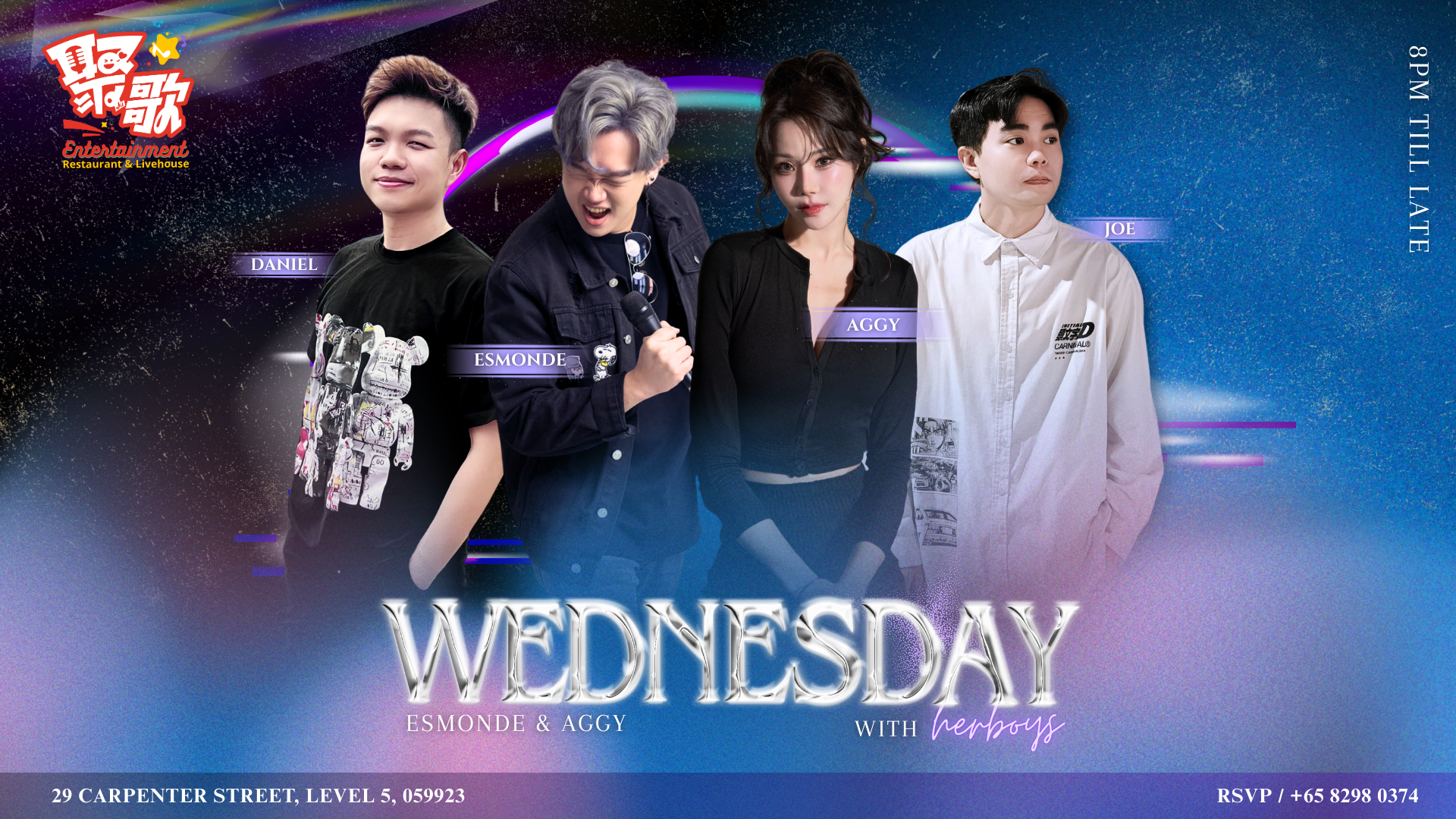 Promotional poster for 'Wednesday' live band featuring four individuals in a bar at Clarke Quay.