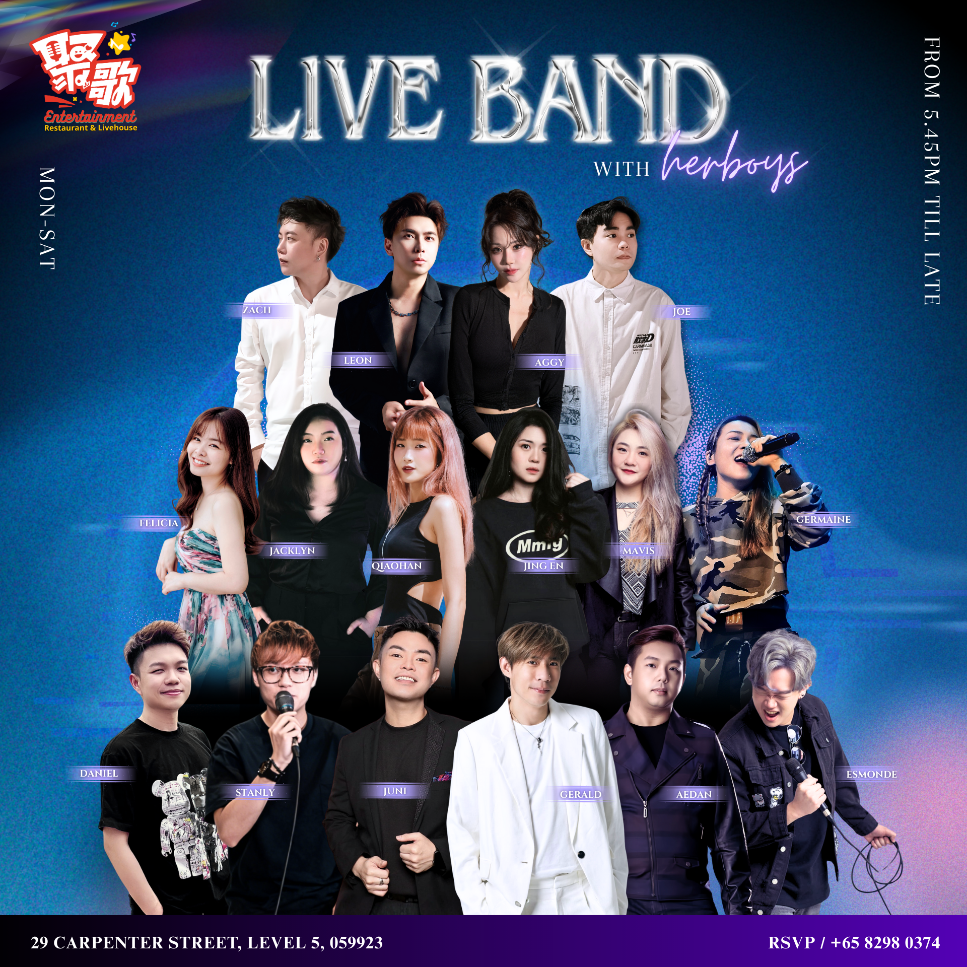 Promotional poster for a live band event featuring multiple individuals in Clarke Quay Bar.