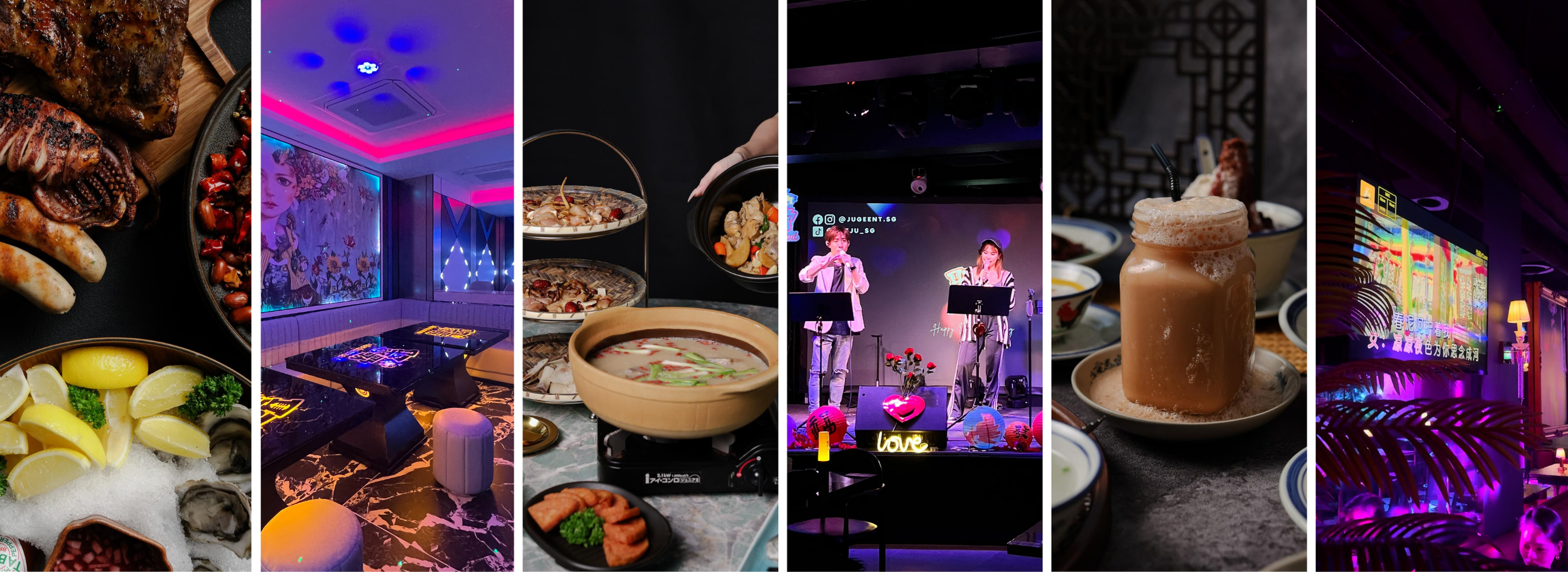 Collage of restaurant scenes including food, drinks, and a performer on stage.