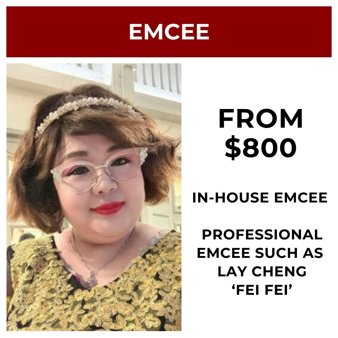 Advertisement for an in-house emcee with a photo of a woman and text about pricing and services.