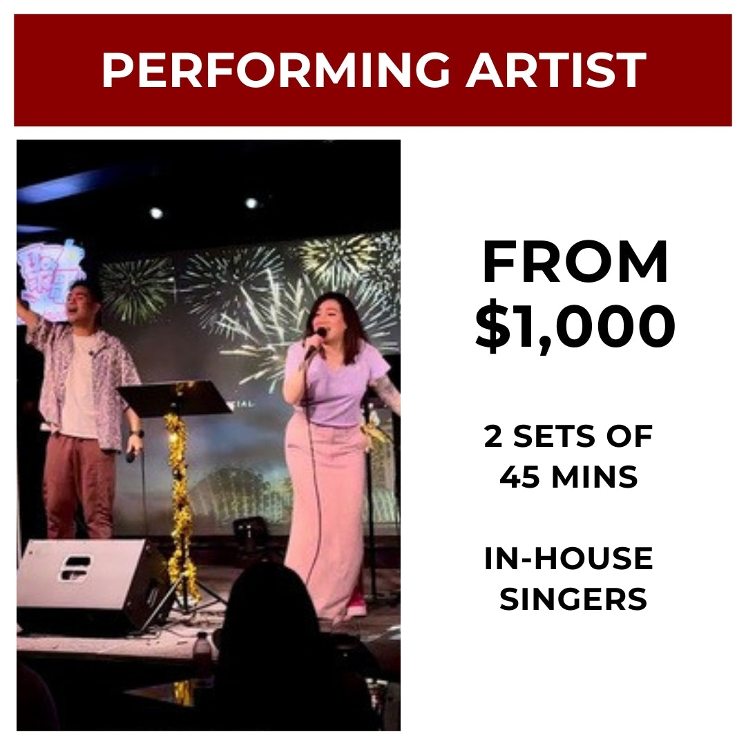 Two performers on stage with text about in-house singers and pricing.